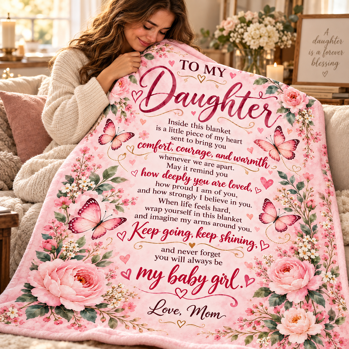 A woman in a cozy living room setting holds up a pink floral blanket with a sentimental message for her daughter. The blanket features pink roses, butterflies, and a printed poem with the text 'TO MY Daughter' and 'my baby girl.
