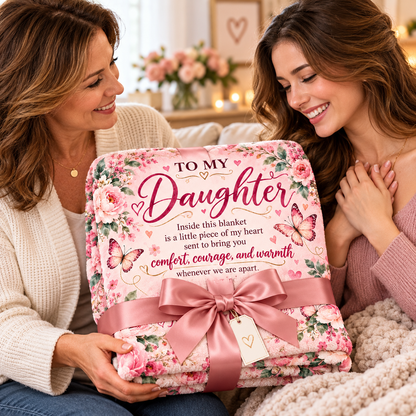 Two women sitting closely together in a cozy living room setting, smiling as they hold a folded floral blanket. The blanket is pink with a rose and butterfly pattern and features a printed message for 'My Daughter' wrapped with a matching pink ribbon.