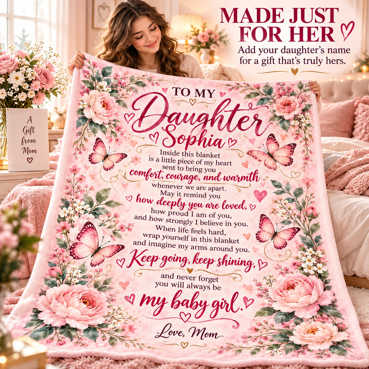 A woman holds up a large pink floral blanket with butterflies and a personalized message for her daughter, Sophia. The blanket features pink roses, green leaves, and butterflies with cursive text reading 'TO MY Daughter Sophia' and a sentimental poem.