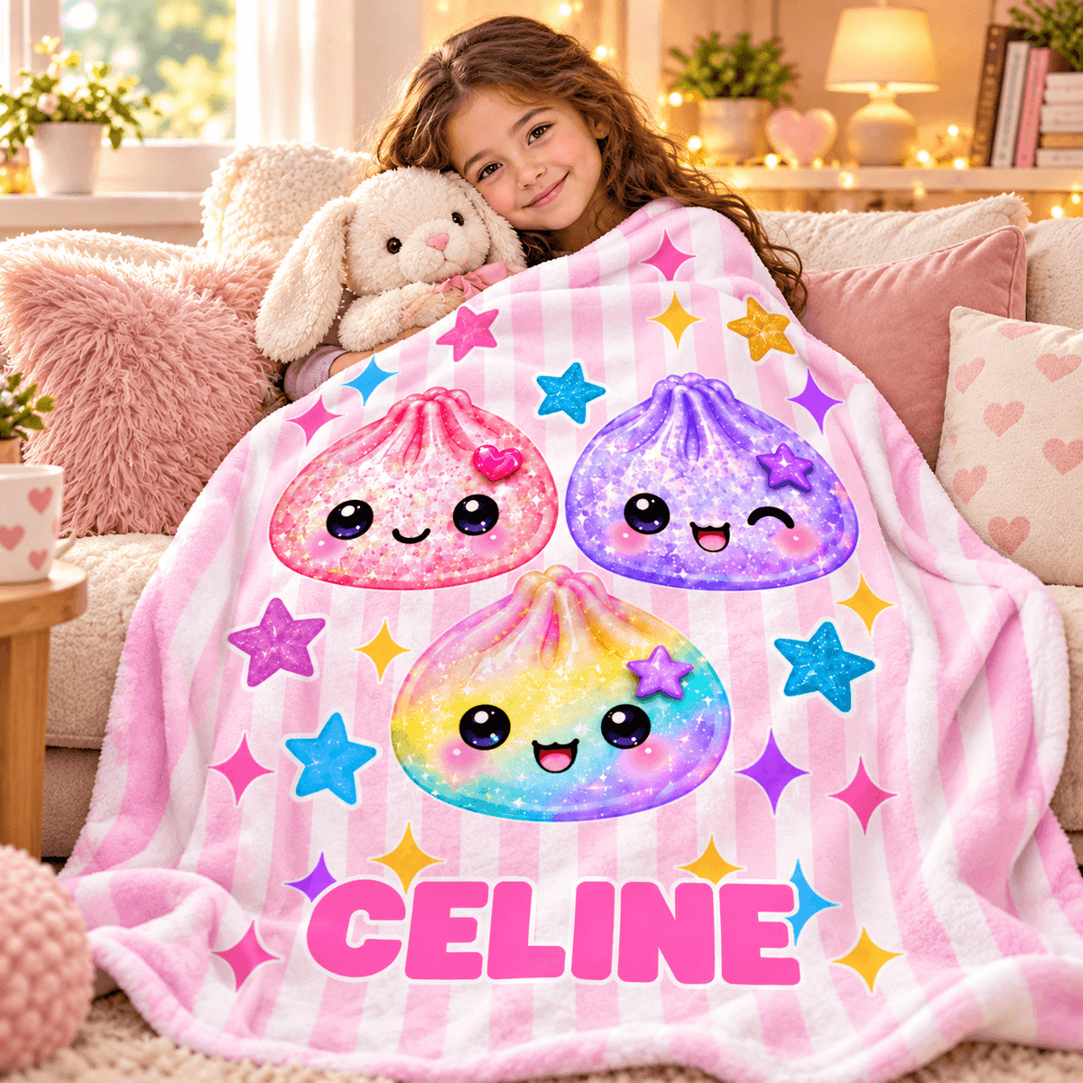 Personalized Girls Blanket With Name – Cute Kawaii Friends Cozy Plush Fleece 60"×80" Gift