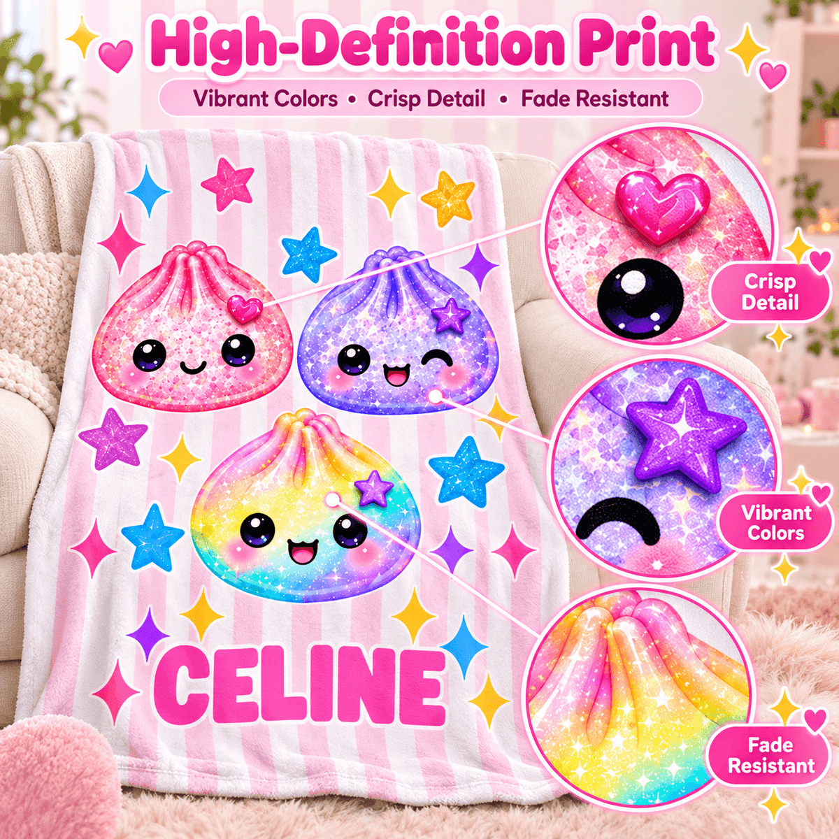 Personalized Girls Blanket With Name – Cute Kawaii Friends Cozy Plush Fleece 60"×80" Gift