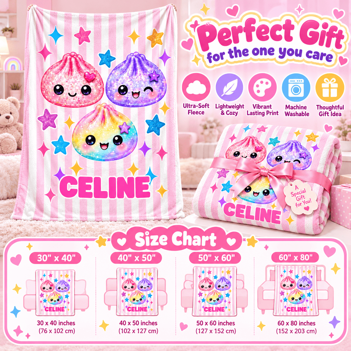Personalized Girls Blanket With Name – Cute Kawaii Friends Cozy Plush Fleece 60"×80" Gift