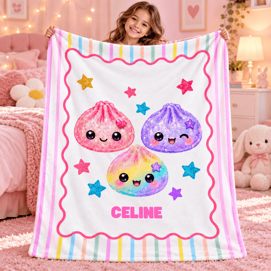 Personalized Girls Cozy Plush Fleece Blanket 50×60 – Cute Kawaii Friends With Custom Name