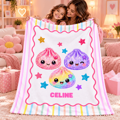 Personalized Girls Cozy Plush Fleece Blanket 50×60 – Cute Kawaii Friends With Custom Name
