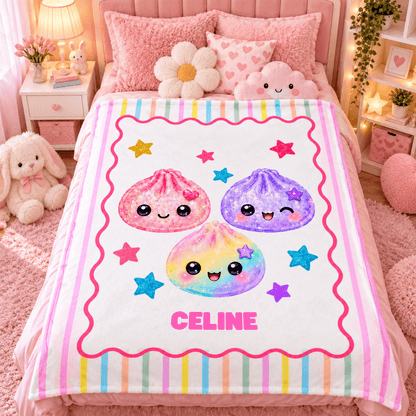 Personalized Girls Cozy Plush Fleece Blanket 50×60 – Cute Kawaii Friends With Custom Name