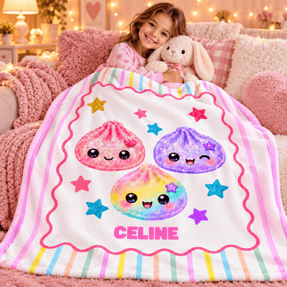 Personalized Girls Cozy Plush Fleece Blanket 50×60 – Cute Kawaii Friends With Custom Name