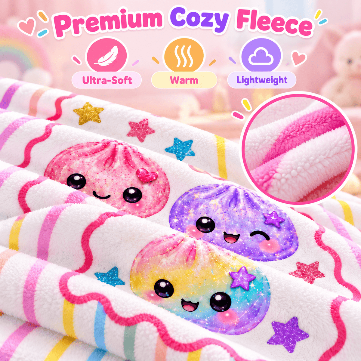 Personalized Girls Cozy Plush Fleece Blanket 50×60 – Cute Kawaii Friends With Custom Name