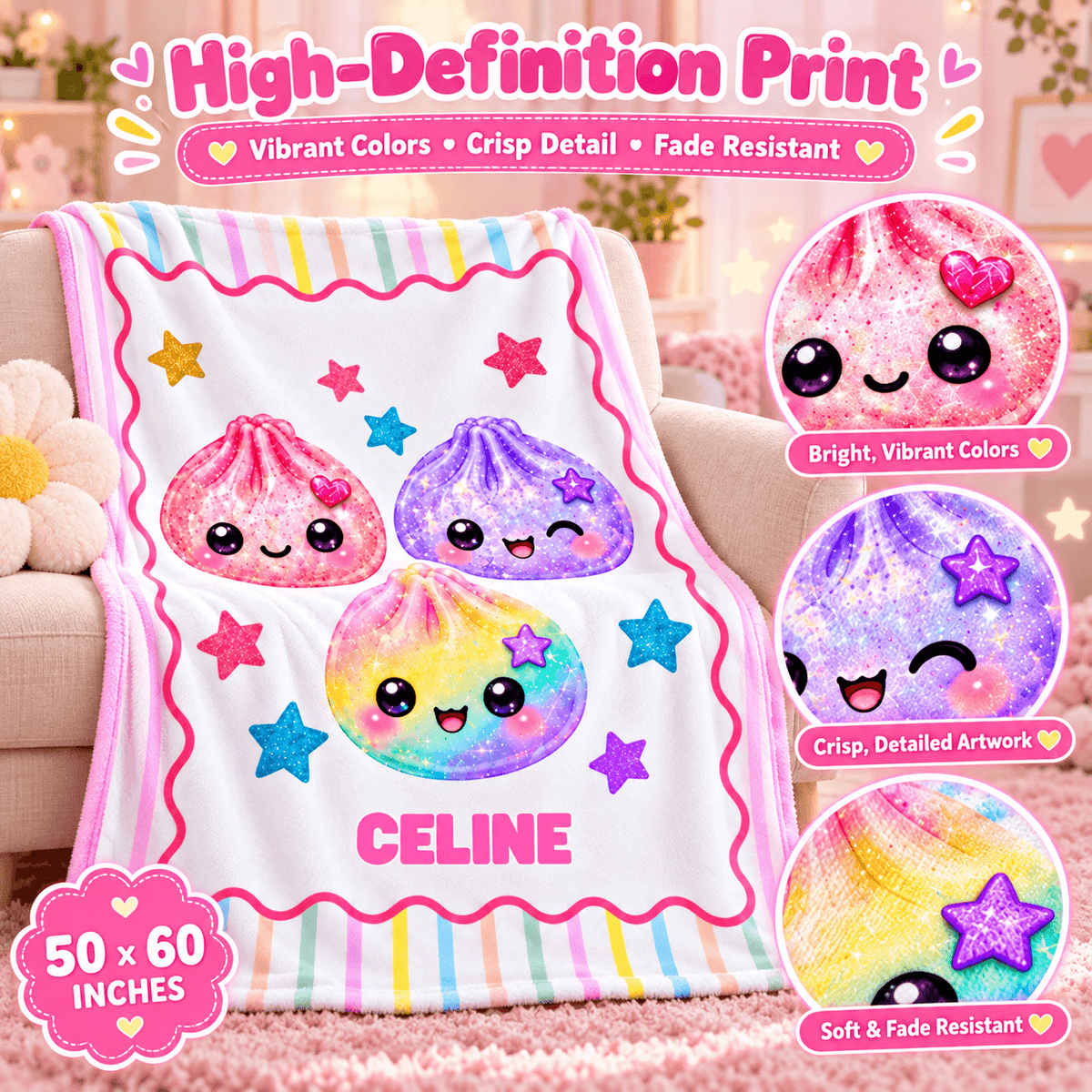 Personalized Girls Cozy Plush Fleece Blanket 50×60 – Cute Kawaii Friends With Custom Name