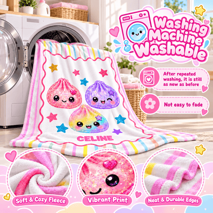 Personalized Girls Cozy Plush Fleece Blanket 50×60 – Cute Kawaii Friends With Custom Name