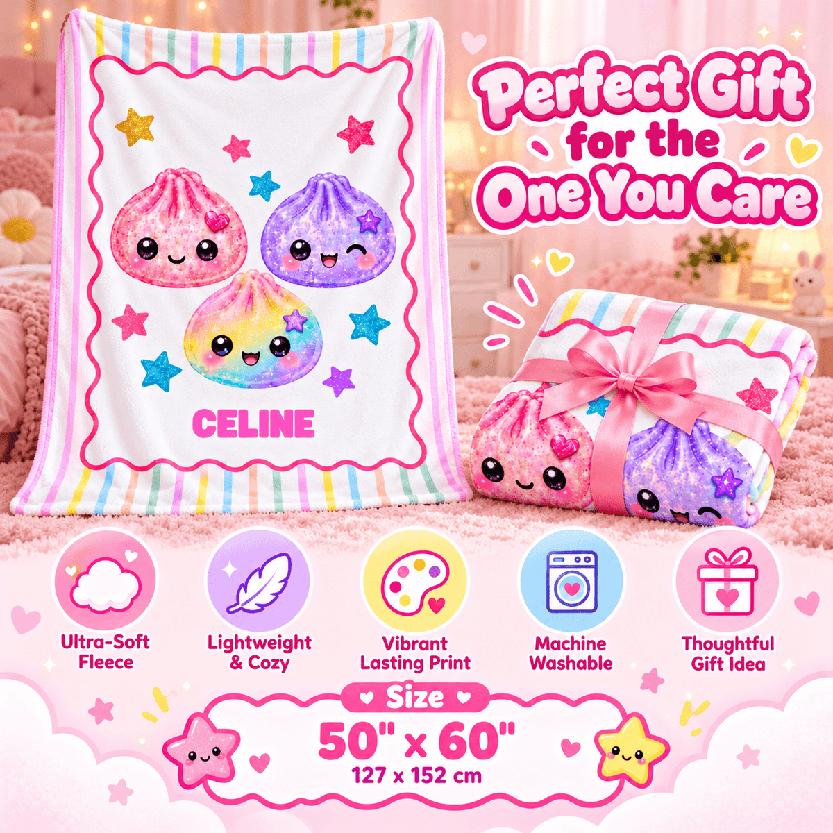Personalized Girls Cozy Plush Fleece Blanket 50×60 – Cute Kawaii Friends With Custom Name