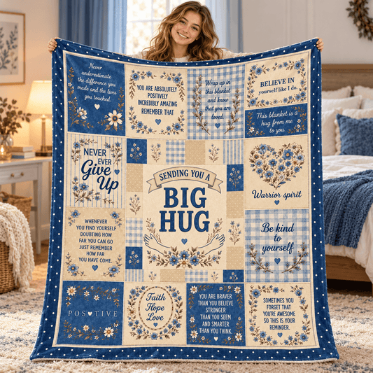 A woman holds up a large quilted blanket with blue and cream panels featuring motivational quotes, floral designs, and gingham patterns. The blanket is displayed in a cozy bedroom setting.