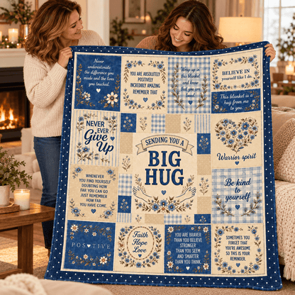 Two women holding up a large patchwork-style sympathy blanket in a cozy living room. The blanket features blue and cream panels with floral borders and motivational quotes such as 'Sending you a Big Hug,' 'Believe in yourself,' 'Be kind to yourself,' and 'Positive.