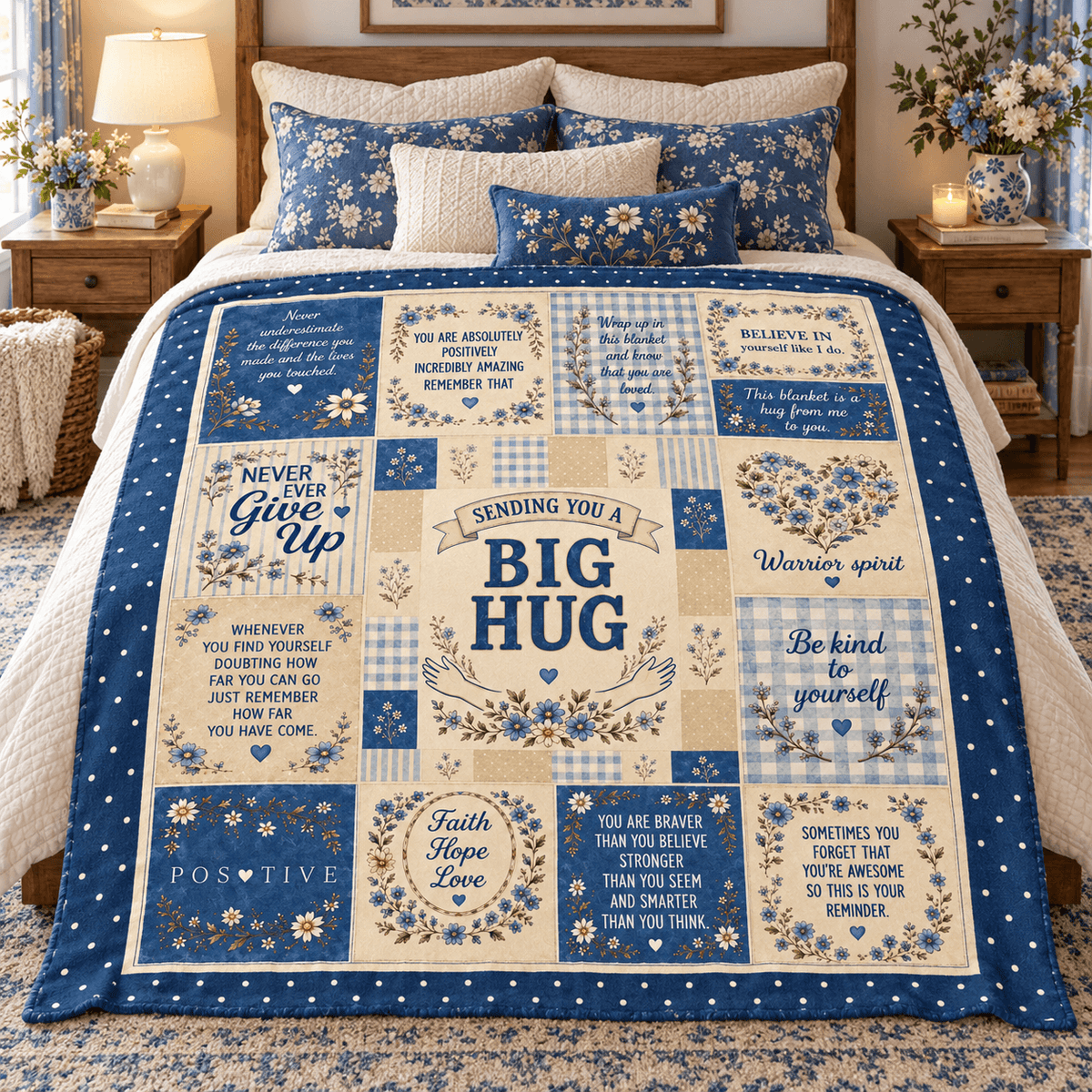 A blue and cream patchwork comforter set with floral and motivational quotes, styled on a bed in a fully decorated bedroom with wooden nightstands, lamps, and floral arrangements.