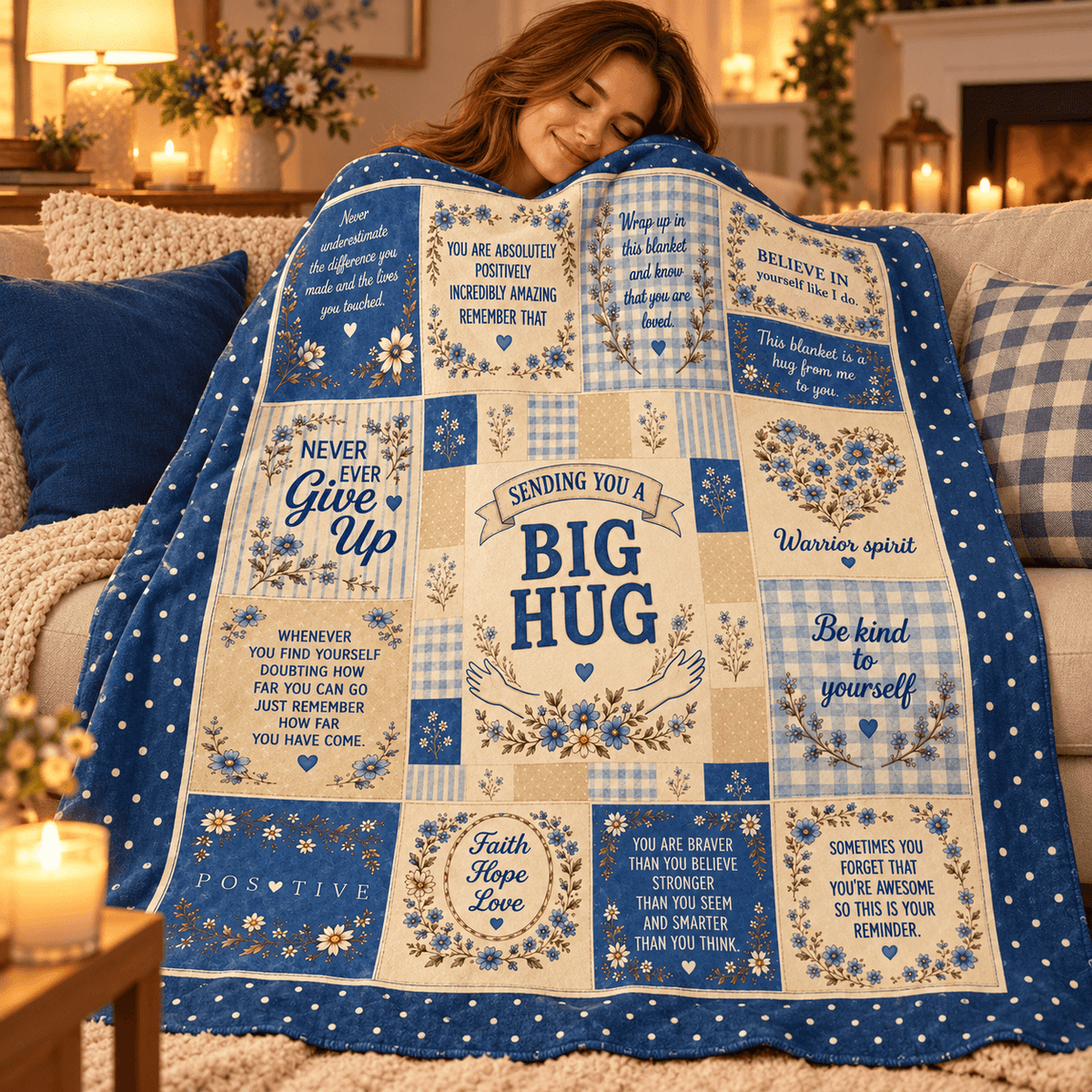 A woman smiling while wrapped in a large patchwork-style blue and cream throw blanket with floral motifs and motivational phrases like “Sending You a Big Hug,” “Never Give Up,” and “Be kind to yourself,” shown in a cozy living room setting.