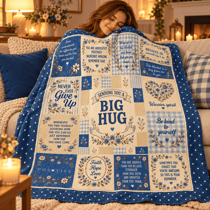 A woman smiling while wrapped in a large patchwork-style blue and cream throw blanket with floral motifs and motivational phrases like “Sending You a Big Hug,” “Never Give Up,” and “Be kind to yourself,” shown in a cozy living room setting.