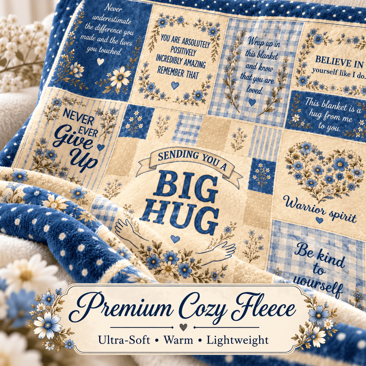 A cozy patchwork fleece blanket with blue and beige panels, floral details, and motivational phrases like 'BIG HUG' and 'Warrior spirit,' shown draped on a bed with a plush blue throw and a decorative text banner at the bottom.