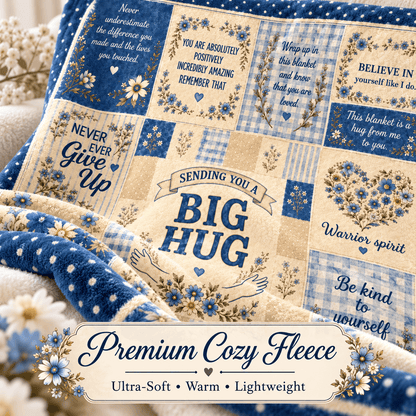 A cozy patchwork fleece blanket with blue and beige panels, floral details, and motivational phrases like 'BIG HUG' and 'Warrior spirit,' shown draped on a bed with a plush blue throw and a decorative text banner at the bottom.