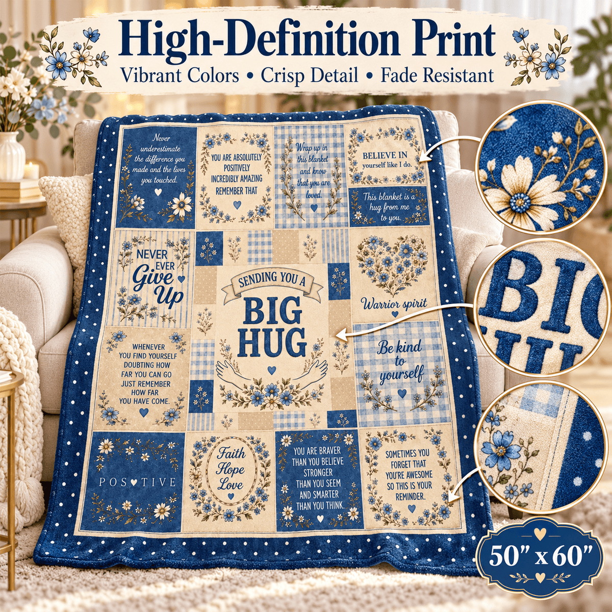 A large quilted throw blanket with blue and beige floral patches and motivational text, shown draped over a sofa in a living room. The image includes marketing text at the top and three circular detail callouts on the right showing fabric patterns.