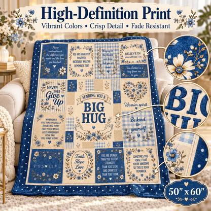 A large quilted throw blanket with blue and beige floral patches and motivational text, shown draped over a sofa in a living room. The image includes marketing text at the top and three circular detail callouts on the right showing fabric patterns.