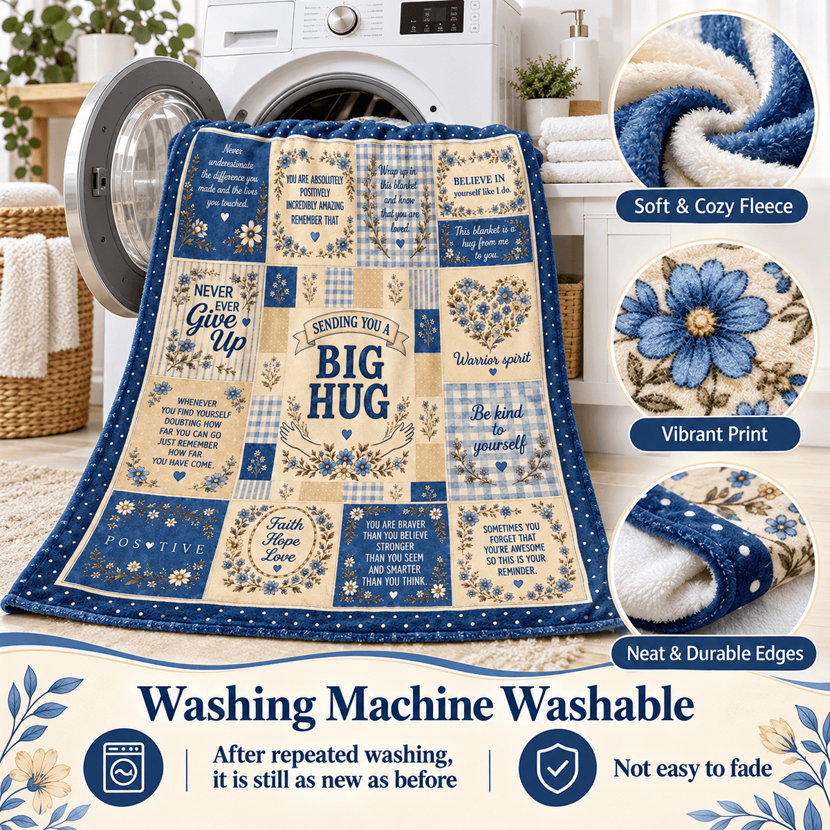 A patchwork fleece blanket with a blue and cream design featuring floral prints and motivational quotes, displayed in front of a washing machine with feature callout circles on the right and a banner at the bottom stating 'Washing Machine Washable'.