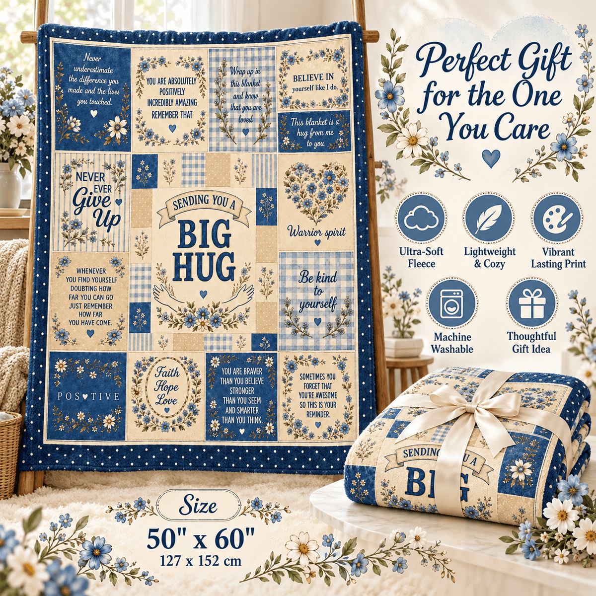 A floral and gingham patchwork quilt with positive self-care phrases is displayed on an easel, with a matching folded quilt wrapped in a ribbon shown in the foreground. The scene includes promotional text and icons highlighting product features like ultra-soft fleece, lightweight comfort, and machine washability.