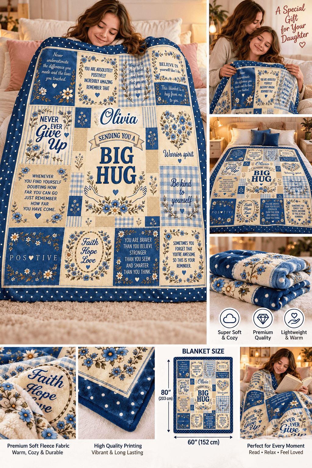 A collage showing a quilted blanket with a blue and cream patchwork design featuring motivational quotes, floral motifs, and the name 'Olivia' in the center. Multiple panels show a woman hugging the blanket on a bed, folded views, and close-up detail shots, with text highlighting soft fabric, high quality, and 60 by 80 inch size.