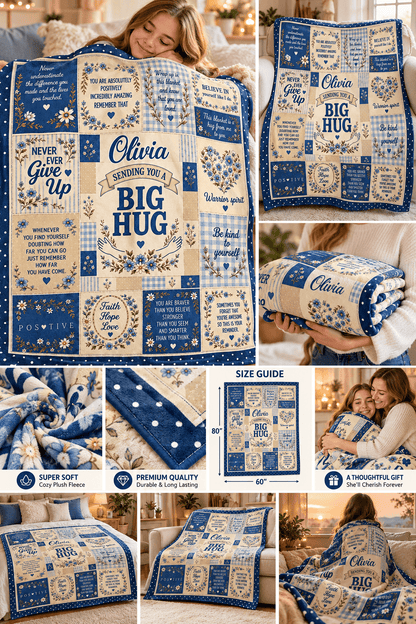 Personalized Big Hug Blanket With Name – Blue Floral Encouragement Cozy Plush Fleece Blanket 60×80