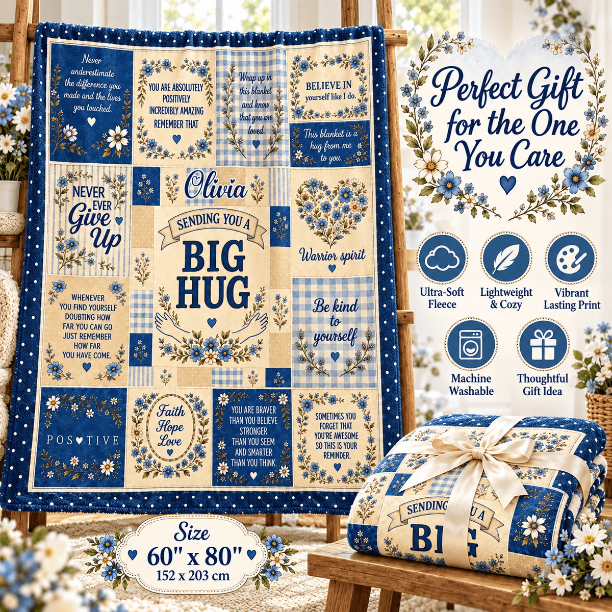 A blue and cream floral patchwork quilt with motivational quotes and gingham patterns, displayed on a wooden easel next to a matching quilted gift box with a ribbon. Text overlays highlight the product's features and size.