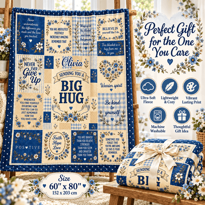 A blue and cream floral patchwork quilt with motivational quotes and gingham patterns, displayed on a wooden easel next to a matching quilted gift box with a ribbon. Text overlays highlight the product's features and size.