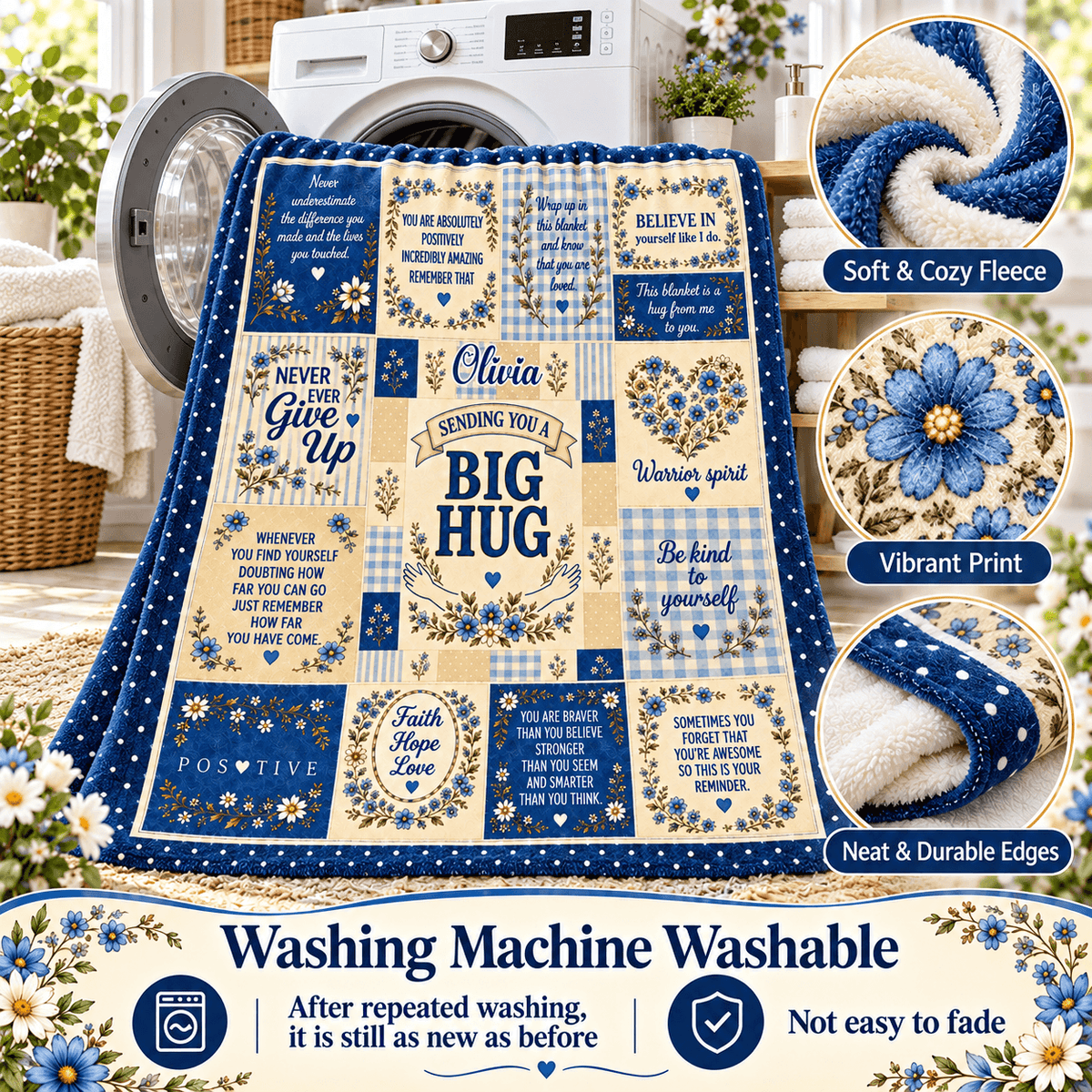 Personalized Big Hug Blanket With Name – Blue Floral Encouragement Cozy Plush Fleece Blanket 60×80