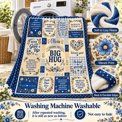 Personalized Big Hug Blanket With Name – Blue Floral Encouragement Cozy Plush Fleece Blanket 60×80