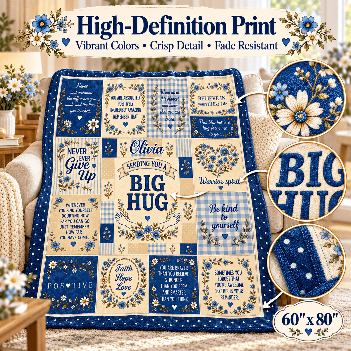 Personalized Big Hug Blanket With Name – Blue Floral Encouragement Cozy Plush Fleece Blanket 60×80