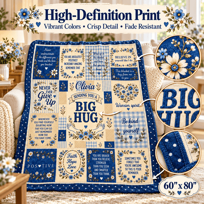 Personalized Big Hug Blanket With Name – Blue Floral Encouragement Cozy Plush Fleece Blanket 60×80