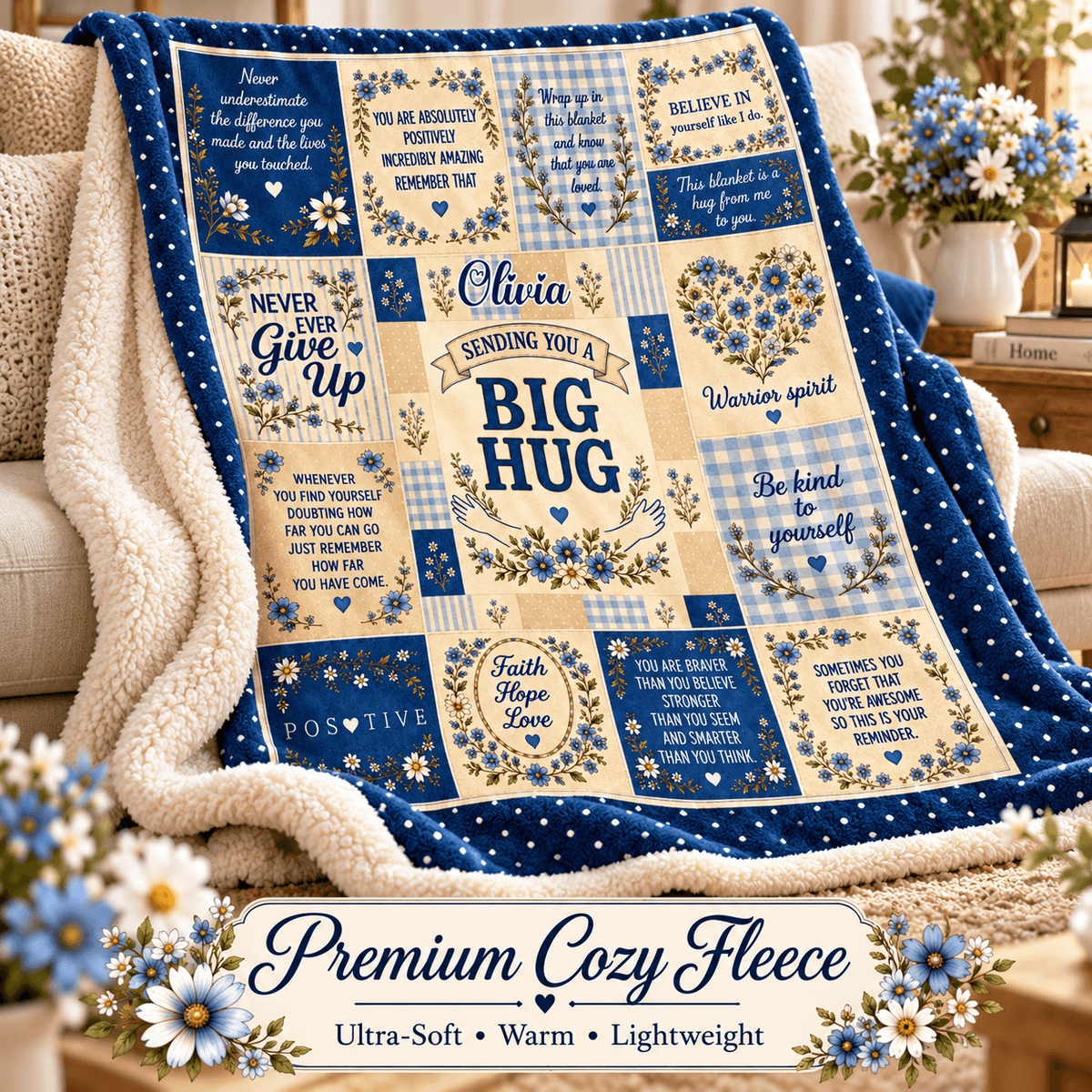 A cozy fleece throw blanket draped over a couch in a living room setting. The blanket features a patchwork design with navy blue, cream, and light blue floral gingham squares, each containing motivational quotes about hugs and positivity.