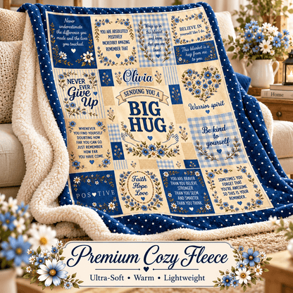 A cozy fleece throw blanket draped over a couch in a living room setting. The blanket features a patchwork design with navy blue, cream, and light blue floral gingham squares, each containing motivational quotes about hugs and positivity.