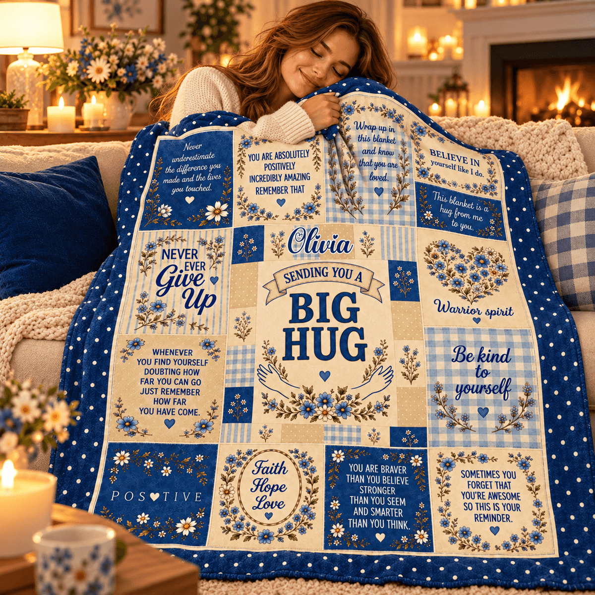 A woman hugging a large patchwork quilted blanket with blue and cream panels, floral details, and motivational quotes, set in a cozy living room with candles and a fireplace.