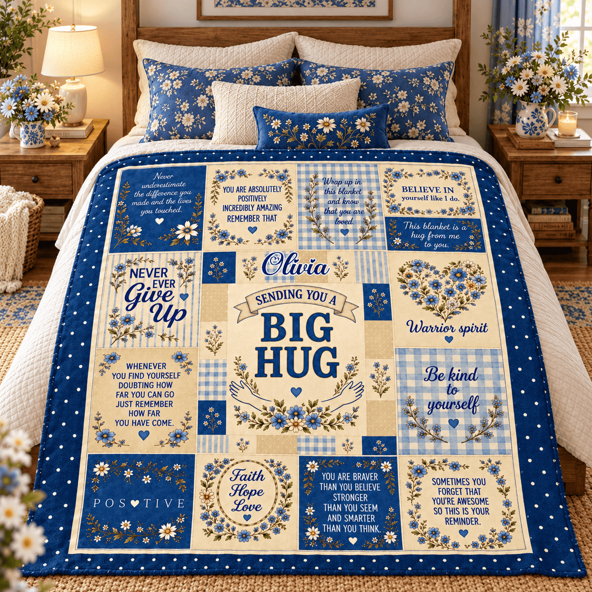 A bed made up with a large quilted comforter featuring a blue and cream patchwork design with floral motifs and sentimental text such as 'Sending you a BIG HUG' and 'Warrior spirit.' Matching blue and cream pillows are arranged on the bed in a bedroom setting with wood nightstands, lamps, and flowers.