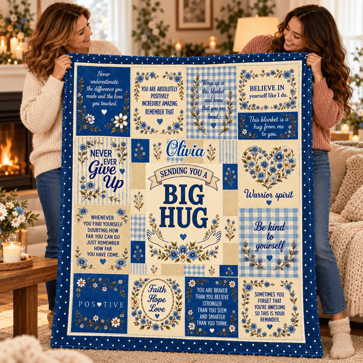 Personalized Big Hug Blanket With Name – Blue Floral Encouragement Cozy Plush Fleece Blanket 60×80
