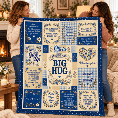 Personalized Big Hug Blanket With Name – Blue Floral Encouragement Cozy Plush Fleece Blanket 60×80