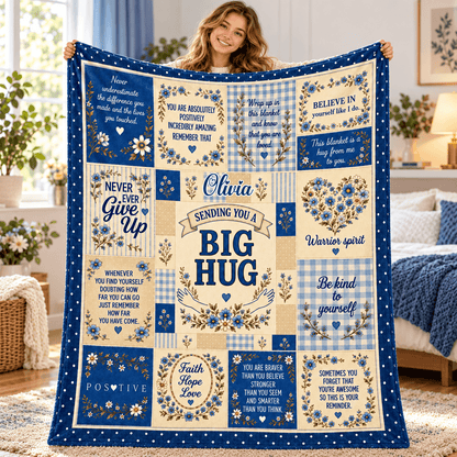 A woman holds up a large quilted blanket in a bright, modern bedroom. The blanket features a patchwork design of navy blue, cream, and beige squares with floral borders and motivational quotes, including 'Sending you a BIG HUG' and 'Faith Hope Love'.