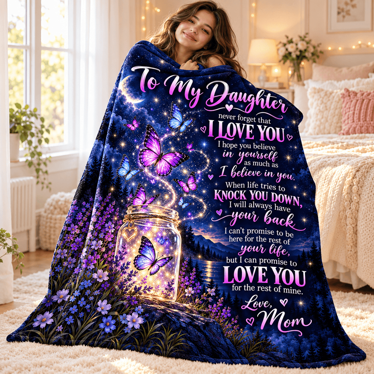 A woman sits on a fluffy cream rug in a cozy bedroom, wrapped in a large printed blanket addressed to her mother. The blanket features a dark blue and purple night sky with glowing butterflies, a mason jar, and purple flowers, overlaid with sentimental text.