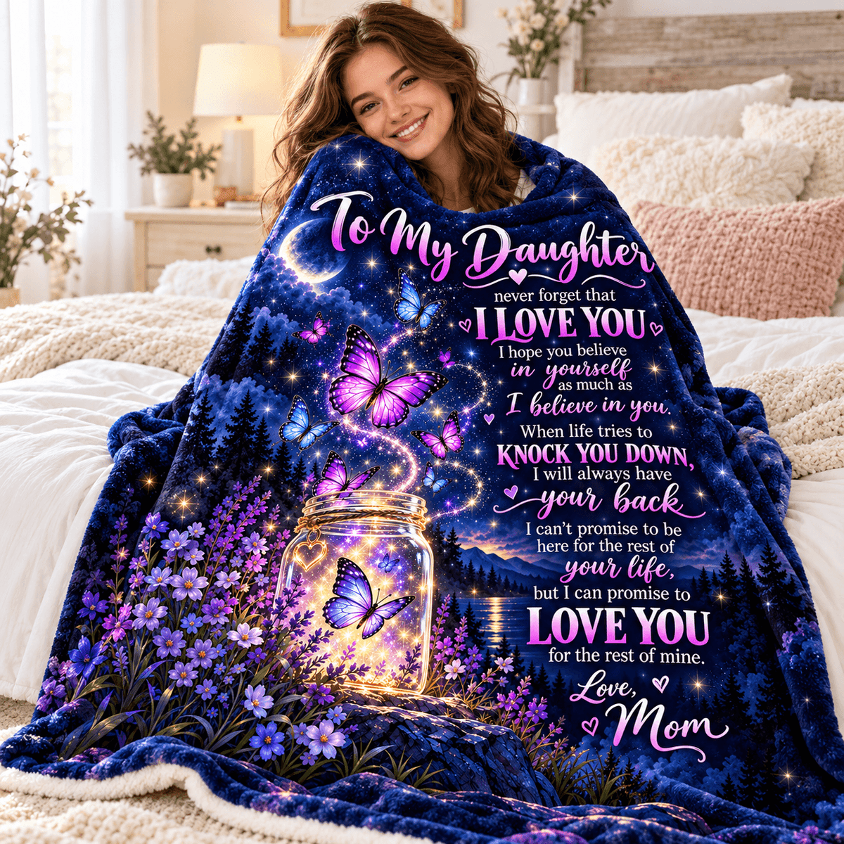 A woman sitting on a bed wrapped in a blue and purple fleece blanket printed with a sentimental message for her daughter, featuring butterflies, a glowing mason jar, and floral designs.