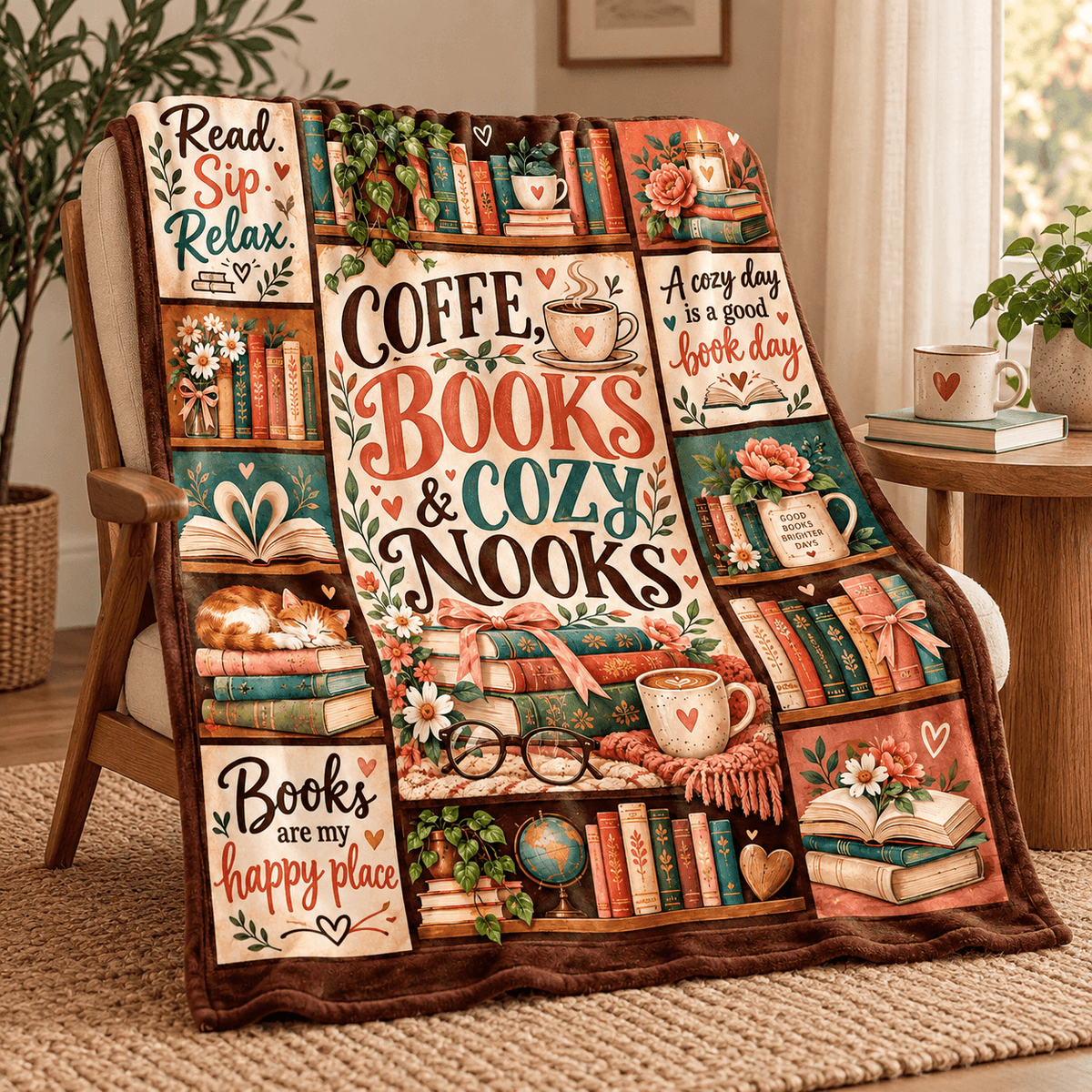 Coffee Books & Cozy Nooks Blanket – Vintage Book Lover Cozy Plush Fleece Reading Gift for Women & Daughters – 50"×60"