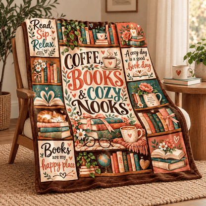 Coffee Books & Cozy Nooks Blanket – Vintage Book Lover Cozy Plush Fleece Reading Gift for Women & Daughters – 50"×60"