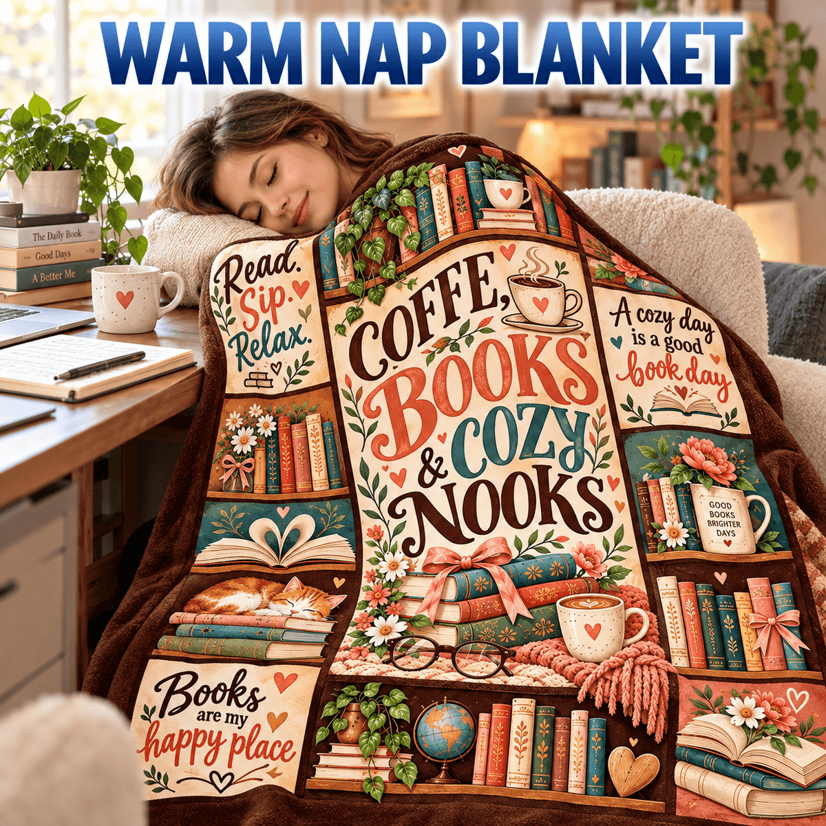 Coffee Books & Cozy Nooks Blanket – Vintage Book Lover Cozy Plush Fleece Reading Gift for Women & Daughters – 50"×60"