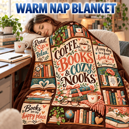 Coffee Books & Cozy Nooks Blanket – Vintage Book Lover Cozy Plush Fleece Reading Gift for Women & Daughters – 50"×60"