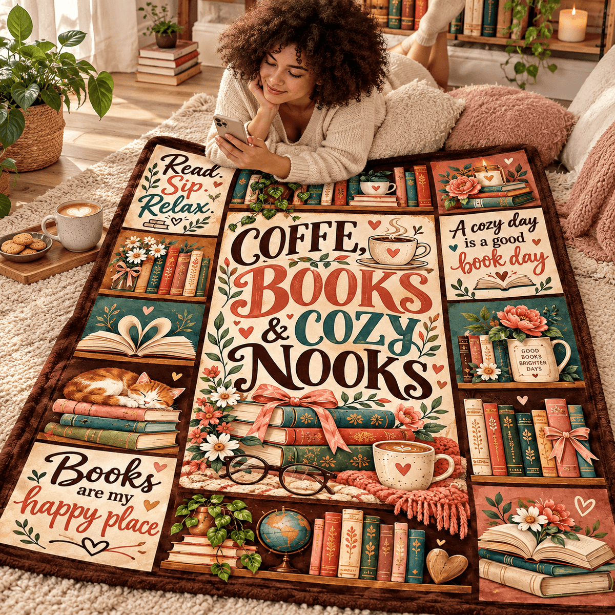 Coffee Books & Cozy Nooks Blanket – Vintage Book Lover Cozy Plush Fleece Reading Gift for Women & Daughters – 50"×60"