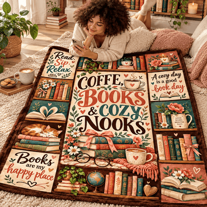 Coffee Books & Cozy Nooks Blanket – Vintage Book Lover Cozy Plush Fleece Reading Gift for Women & Daughters – 50"×60"