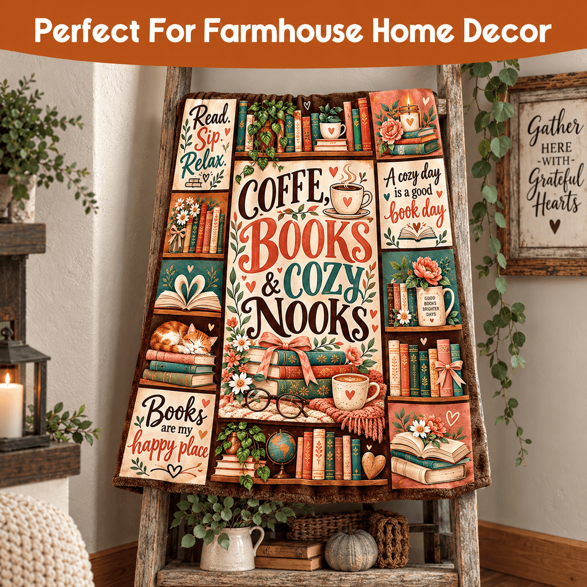 Coffee Books & Cozy Nooks Blanket – Vintage Book Lover Cozy Plush Fleece Reading Gift for Women & Daughters – 50"×60"