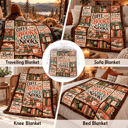 Coffee Books & Cozy Nooks Blanket – Vintage Book Lover Cozy Plush Fleece Reading Gift for Women & Daughters – 50"×60"